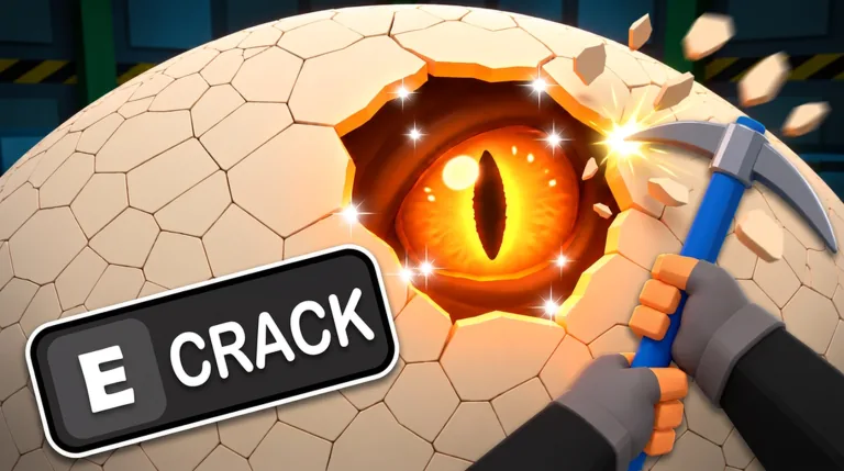 A pickaxe breaks a giant eggshell; an orange eye looks out through the hole