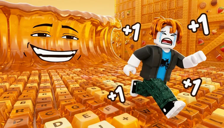 A character runs from a giant caramel wave over a keyboard