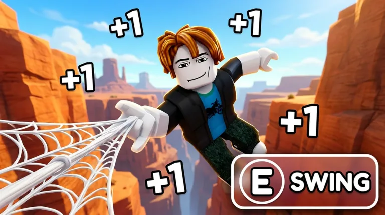 A character swings through a canyon on a spider web