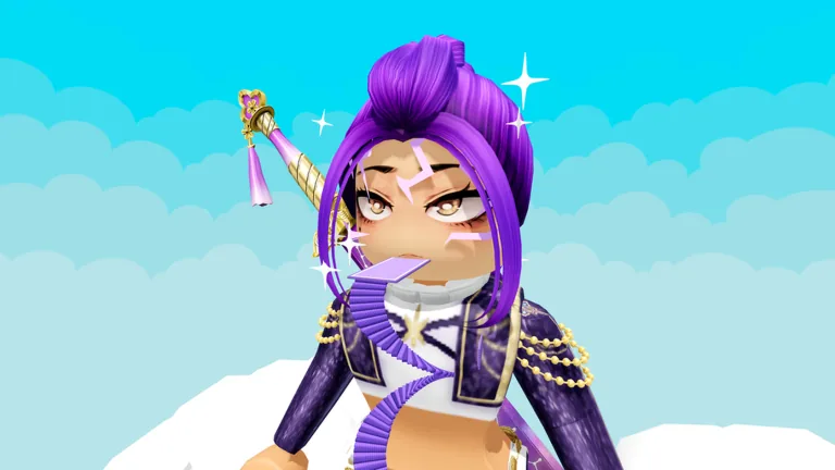 A purple-haired demon hunter with a sword on her back, above the clouds