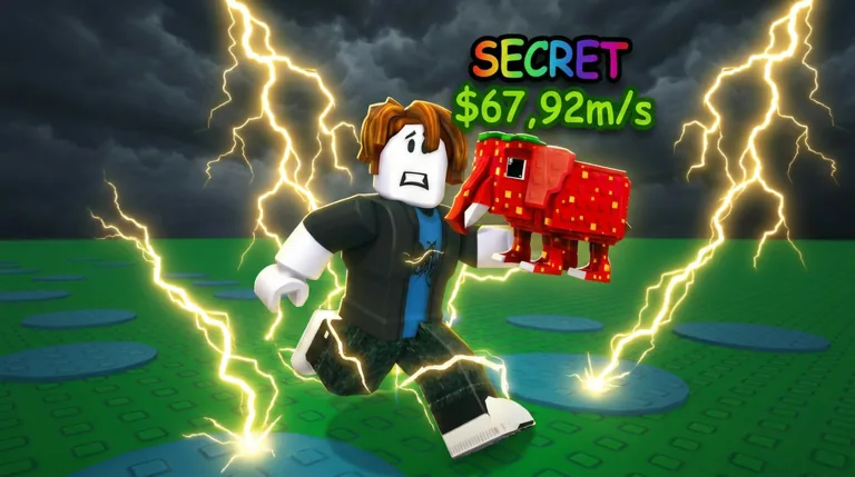 A scared character runs through lightning strikes carrying a strawberry elephant