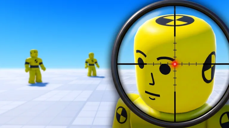 A sniper scope aims at a yellow crash test dummy on a snowy test field