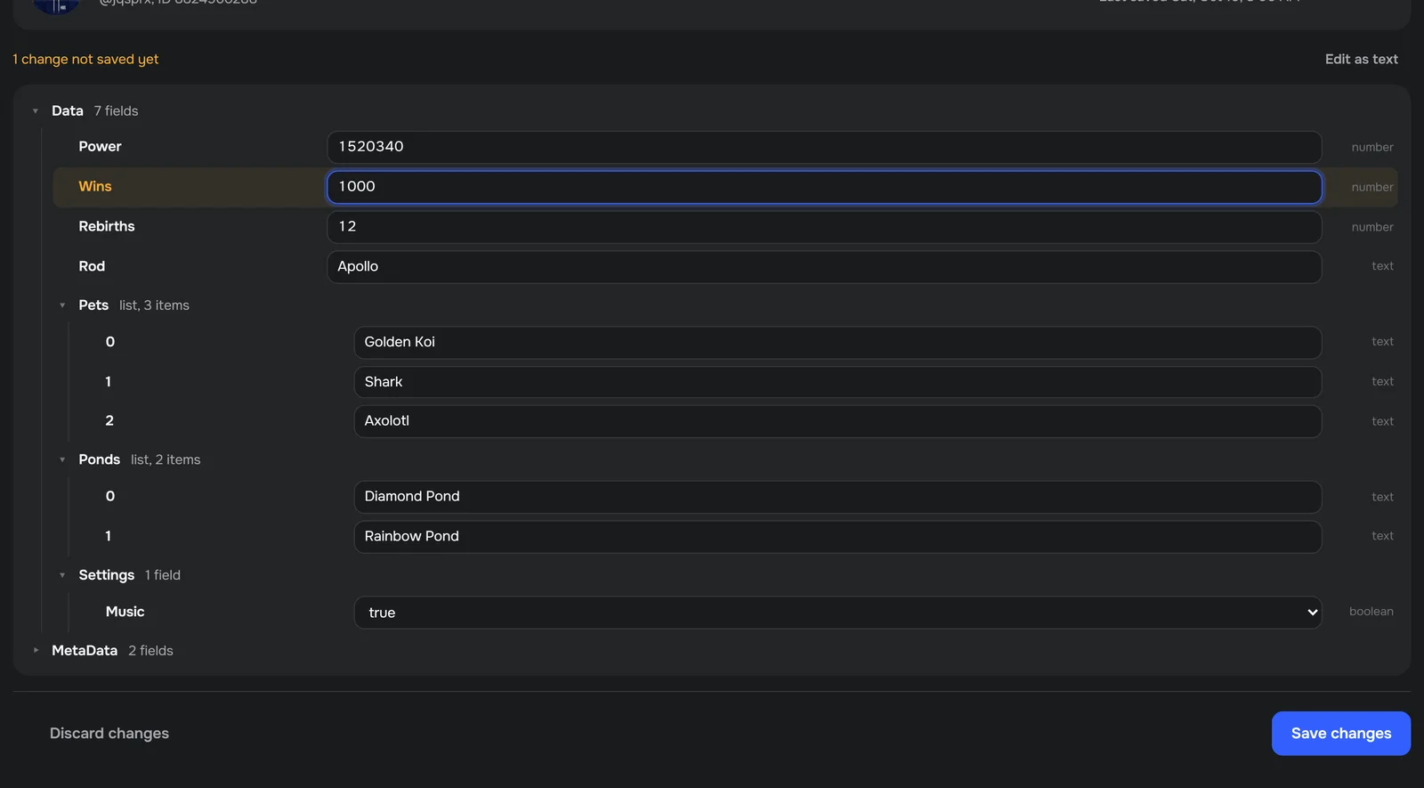 A player's saved data being edited