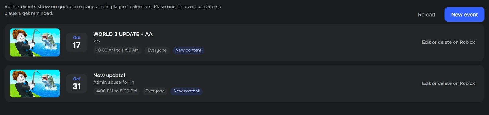 The events list with thumbnails