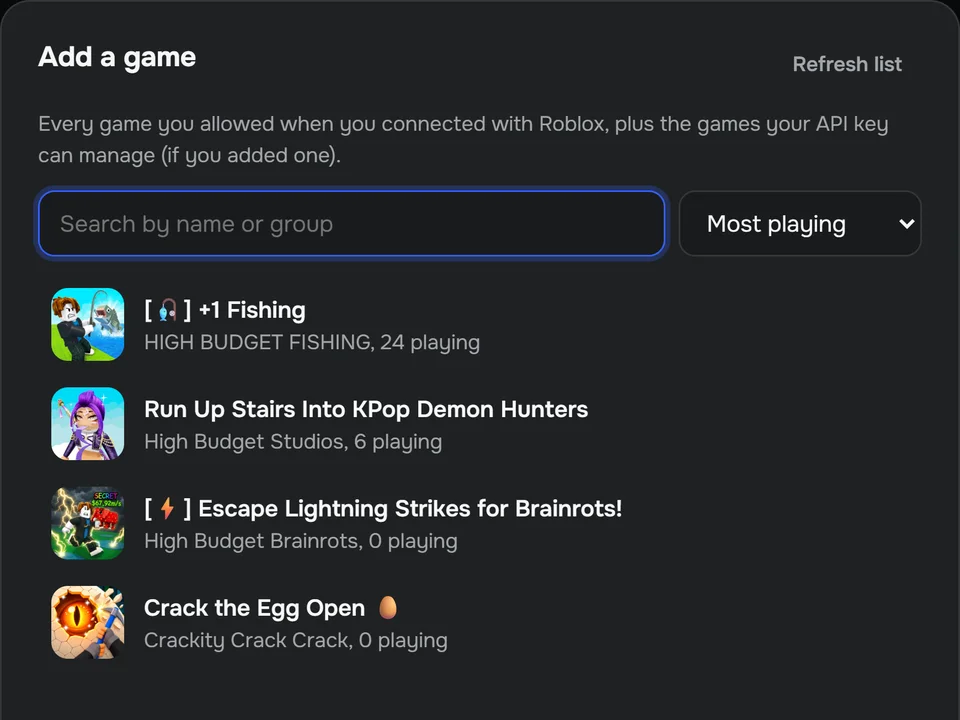 The list of your games in the app