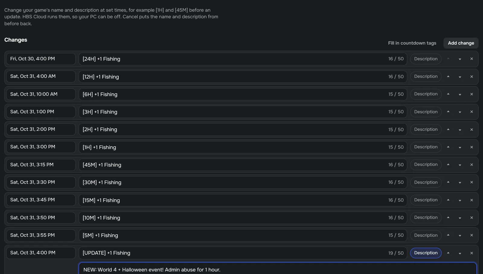 A list of scheduled name changes from 24H to UPDATE